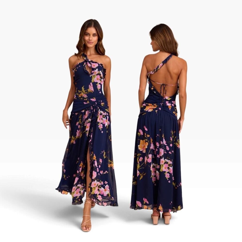 Lulus Alayda Navy Blue Floral Asymmetrical Ruffled Maxi Dress size S NWT